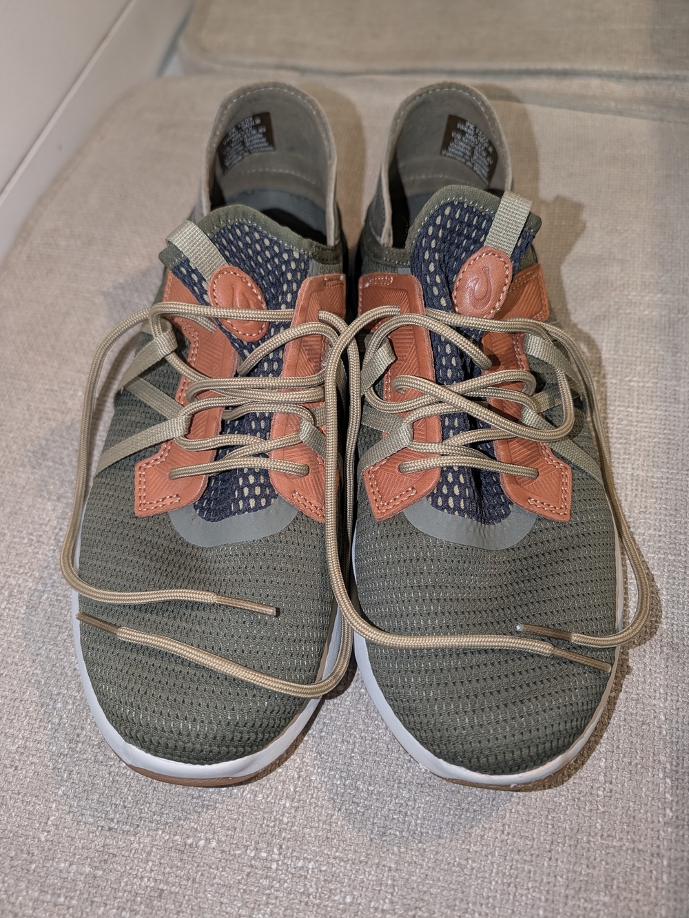 OluKai Men's Olive Knit Sneakers with Tan Accents and Navy Tongue